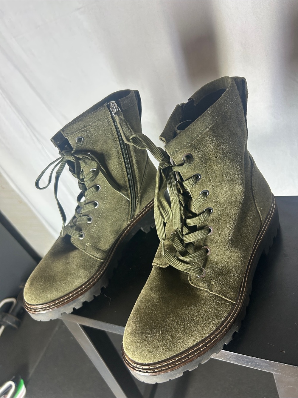 Nordstrom Olive Suede Lace-Up Zipper Combat Boots